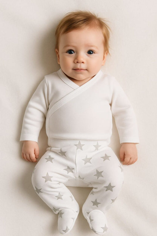 Envelope Bodysuit & Footie Set Flannel - White Grey Stars (0-3M)