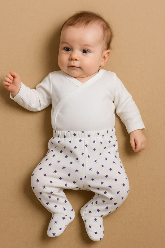 Envelope Bodysuit & Footie Set Flannel - White Purple Stars (0-3M)