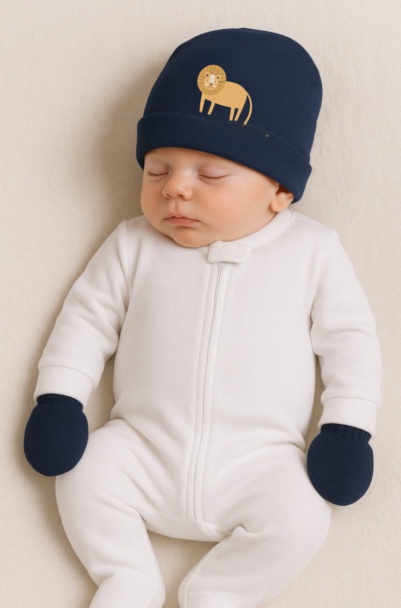 Baby Hat & Mittens - Blue - Lion