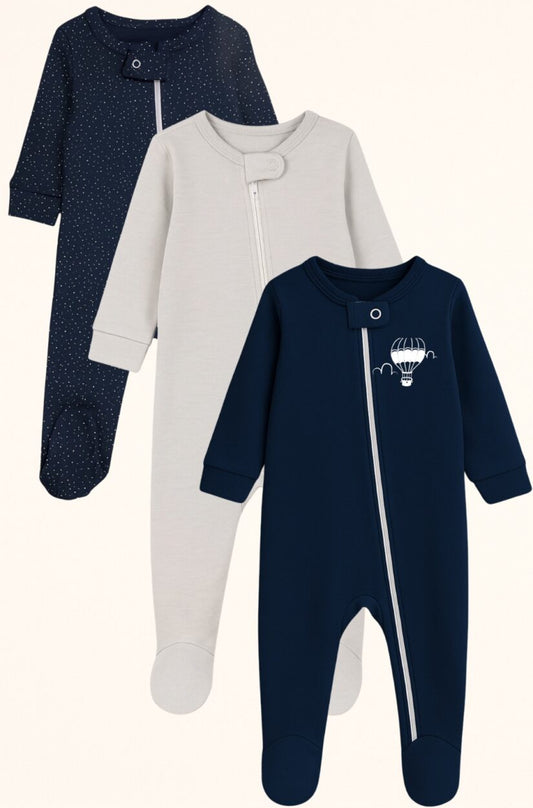 3-Pack Flannel Zip Rompers - Blue - Hot Air Balloon | Plain | Dots (0-3M)