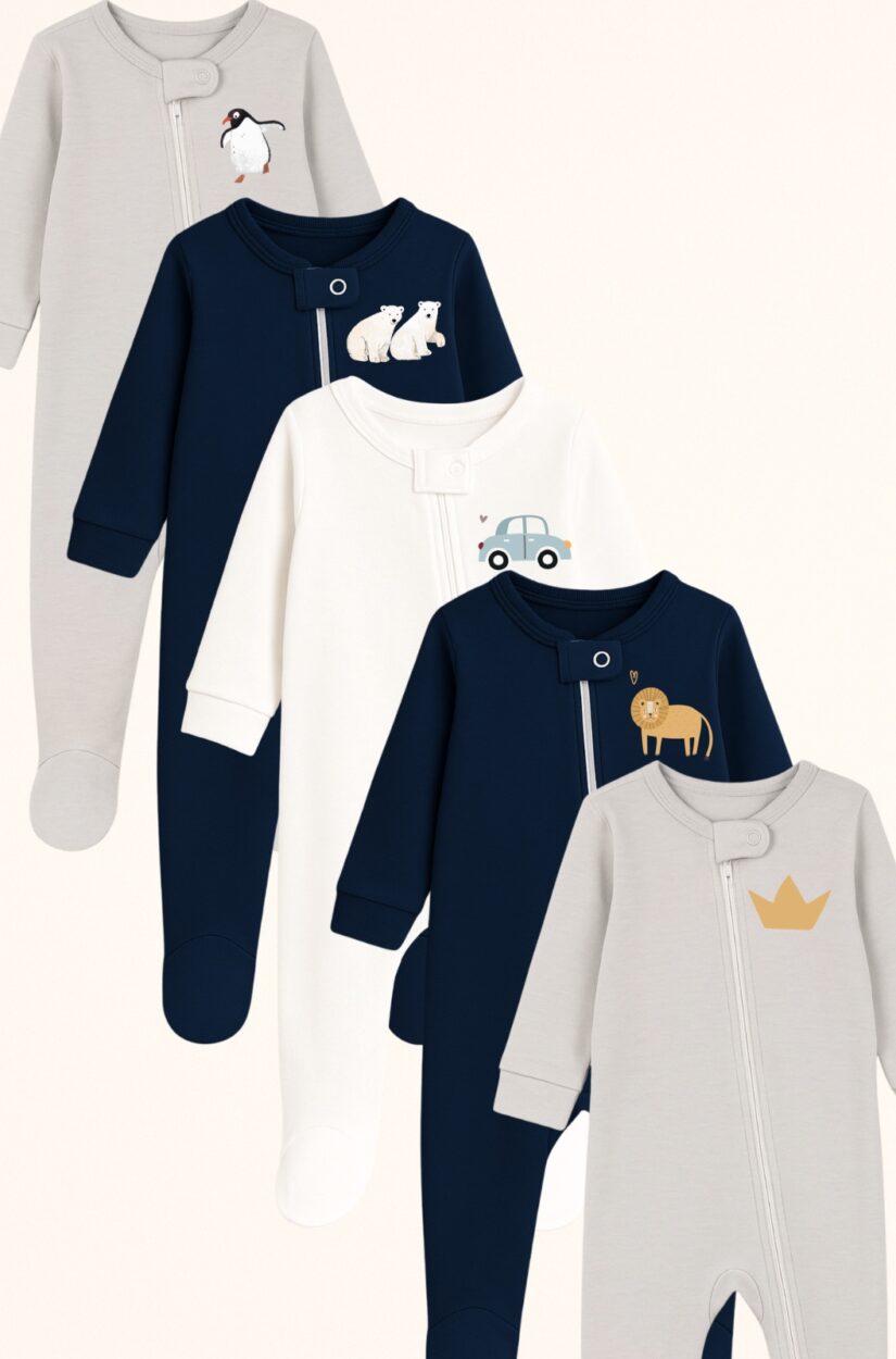 Set of 5 - Double-Zip Flannel Zipsuits | Crown | Lion | Car | Polar Bear | Penguin (0-12 Months)