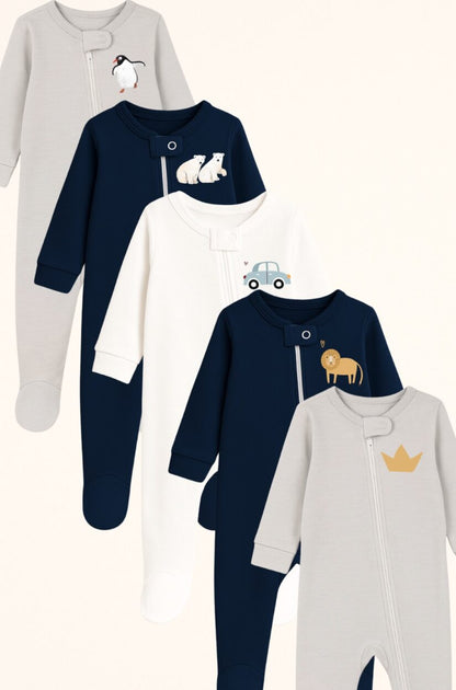 Set of 5 - Double-Zip Flannel Zipsuits | Crown | Lion | Car | Polar Bear | Penguin (0-12 Months)