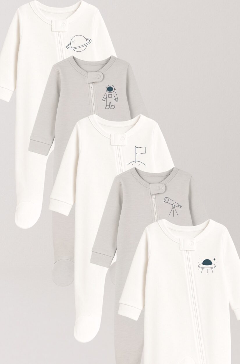 5-Pack Double Zip Flannel/Jersey Rompers | Spaceship | Telescope | Moon | Astronaut | Saturn (0-3M)