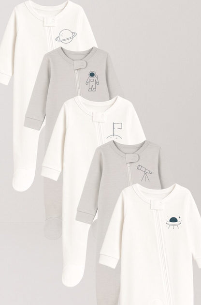 5-Pack Double Zip Flannel/Jersey Rompers | Spaceship | Telescope | Moon | Astronaut | Saturn (0-3M)