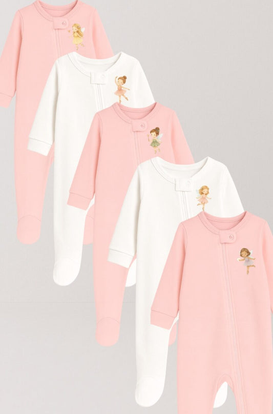 5-Pack Double Zip Flannel/Jersey Rompers | Fairies (0-3M)