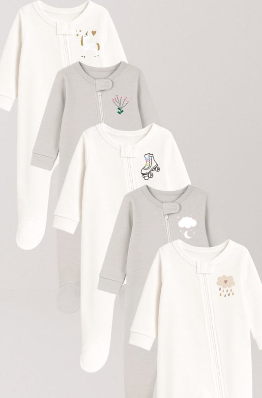 5-Pack Double Zip Flannel/Jersey Rompers | Rain | Moon Cloud | Wheels | Flower | Unicorn (0-3M)