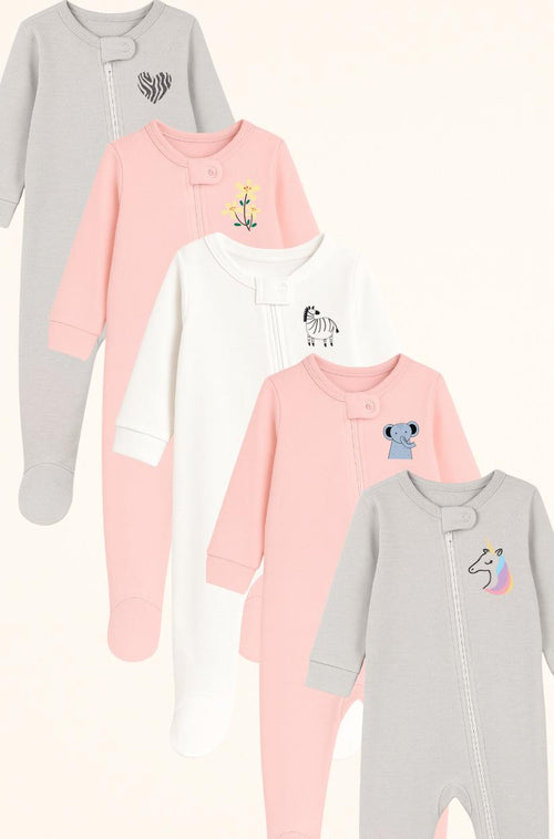 5-Pack Double Zip Flannel/Jersey Rompers | Unicorn | Elephant | Zebra | Flower | Heart (0-3M)