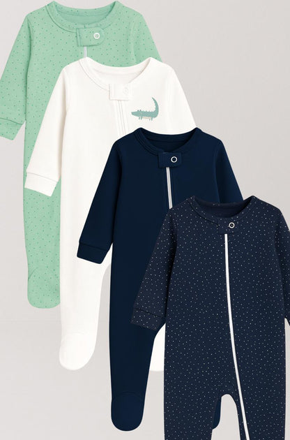 4-Pack Double Zip Flannel Rompers - Plain & Dots | Various Sizes