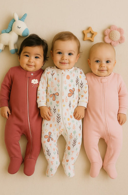 Set of 3 - Double-Zip Flannel Zipsuits | Pink | Cloud | Butterflies (0-12 Months)