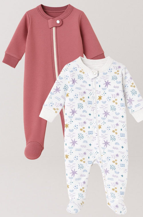 2-Pack Double Zip Flannel Rompers | Sea | Plain Pink (0-12M)