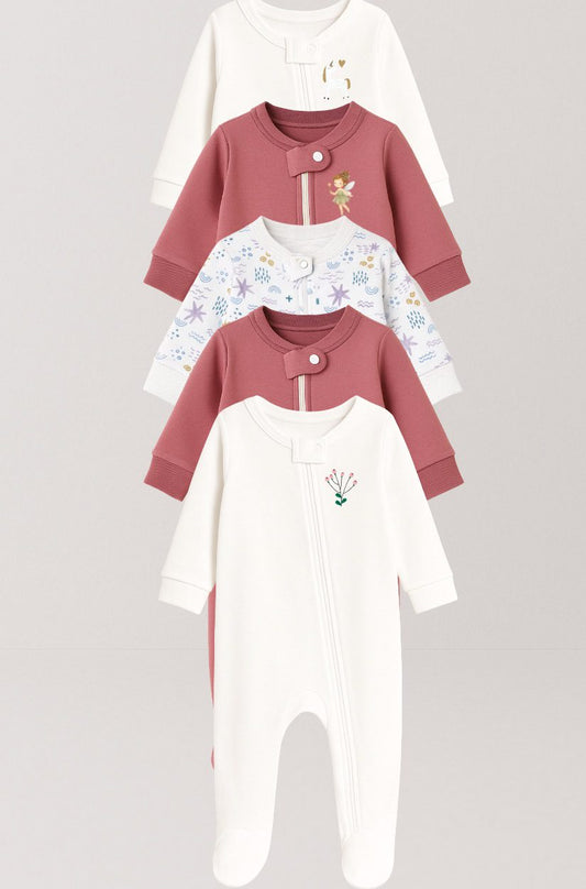 5-Pack Double Zip Flannel Rompers | Flower | Plain | Sea | Fairy | Unicorn (0-12M)