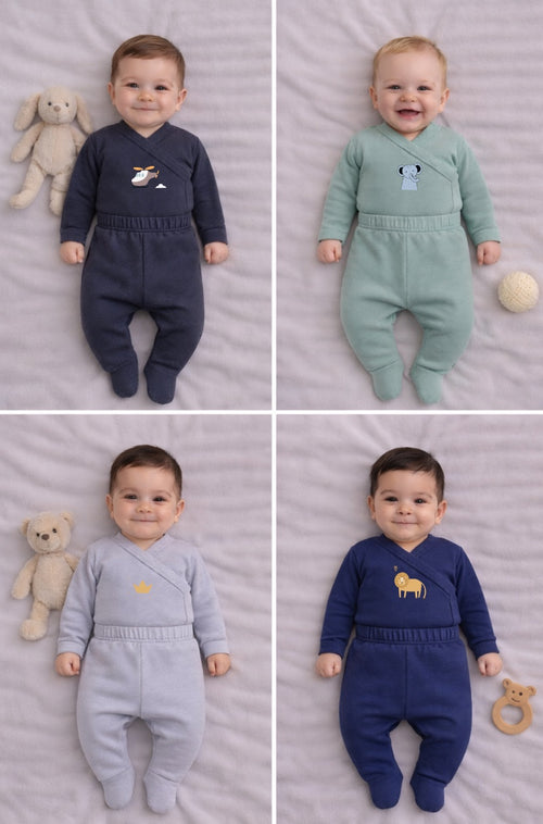 4-Pack Sets - Envelope Bodysuit & Footie Flannel | Elephant | Helicopter | Crown | Lion (0-3M)