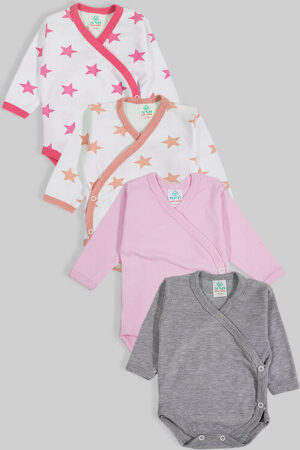 4 Pack - Long Sleeve Kimono Bodysuit - Pink Grey Stars (0-3m) 100% Flannelette Cotton