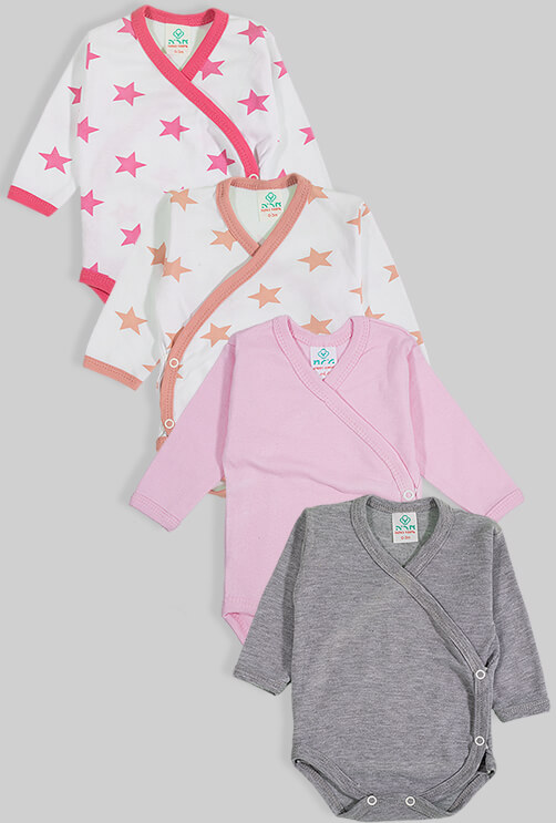 4 Pack - Long Sleeve Kimono Bodysuit - Pink Grey Stars (0-3m) 100% Flannelette Cotton