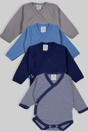 4 Pack - Long Sleeve Kimono Bodysuit - Blue Dark Grey Stripes (0-3m) 100% Flannelette Cotton