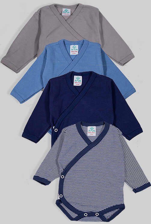 4 Pack - Long Sleeve Kimono Bodysuit - Blue Dark Grey Stripes (0-3m) 100% Flannelette Cotton