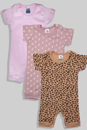 3 Pack - Short Overalls - Cheetah, Pink and Purple with Triangle Hearts (3-24 months)