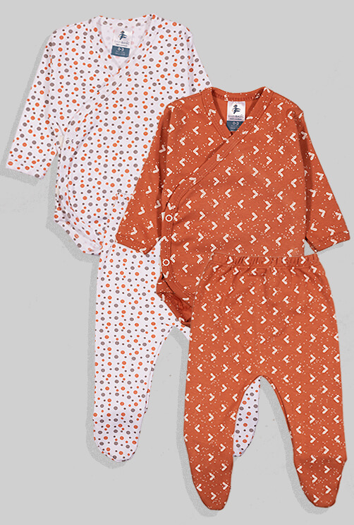 2 Pack - Long Sleeve Kimono Bodysuit and Matching Bottoms - Orange and White (0-3m) 100% Flannelette Cotton