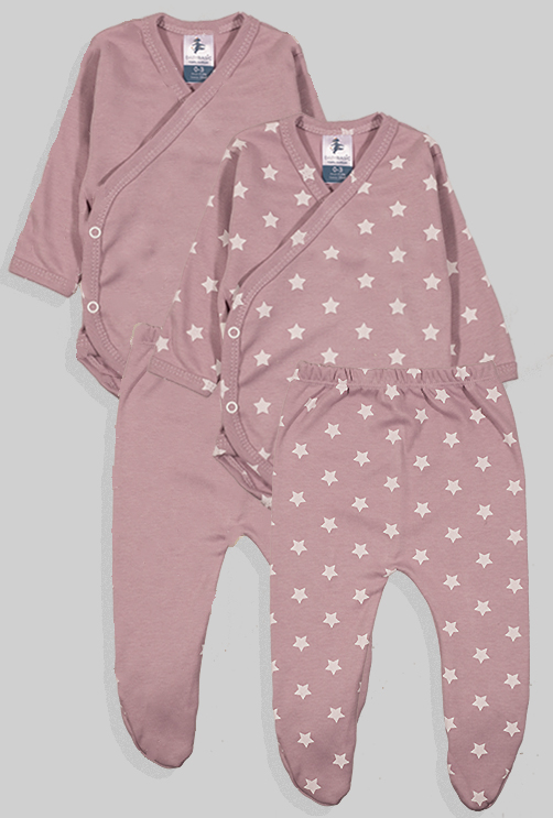 2 Pack - Long Sleeve Kimono Bodysuit and Matching Bottoms - Purple Stars (0-3m) 100% Cotton
