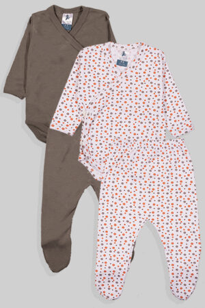 2 Pack - Long Sleeve Kimono Bodysuit and Matching Bottoms -Dark Grey Polka Dots (0-3m) 100% Cotton