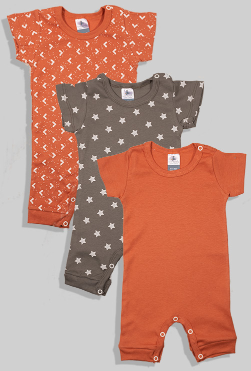 3 Pack - Short Overalls - Orange with Triangles, Plain Orange and Dark Grey with Stars (3-24 months)