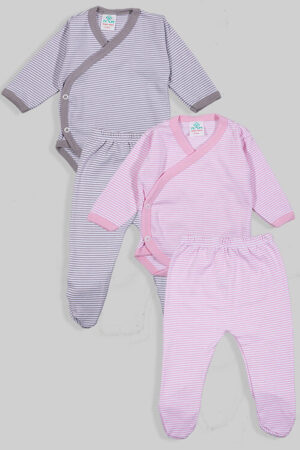 2 Pack - Long Sleeve Kimono Bodysuit and Matching Bottoms - Pink and Grey (0-3m) 100% Flannelette Cotton