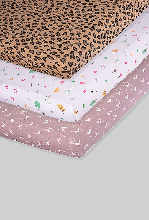 Pack of 3 Sheets - Cheetah, Flowers, Hearts (available in 2 sizes) - 100% Cotton
