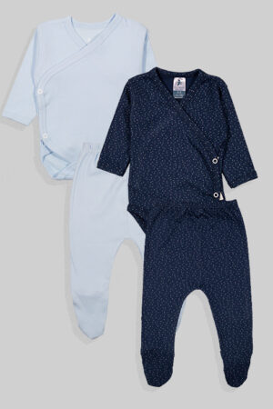 2 Pack - Long Sleeve Kimono Bodysuit and Matching Bottoms - Blue (0-3m) 100% Cotton