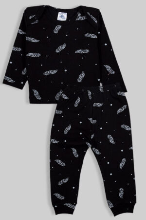 Pajama Set - Black with Feathers - 100% Flannelette Cotton