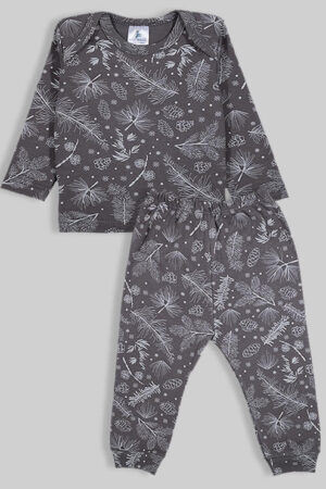 Pajama Set - Dark Grey with Flowers - 100% Flannelette Cotton